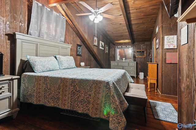 bedroom featuring beamed ceiling, wooden ceiling, dark hardwood / wood-style flooring, and wood walls