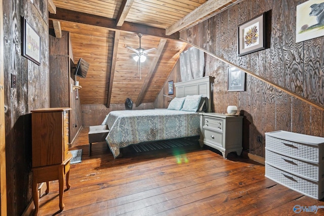 bedroom featuring wood ceiling, wood walls, wood-type flooring, and vaulted ceiling with beams