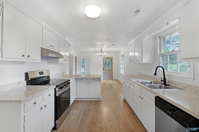 kitchen with pendant lighting, light hardwood / wood-style floors, white cabinetry, kitchen peninsula, and stainless steel appliances