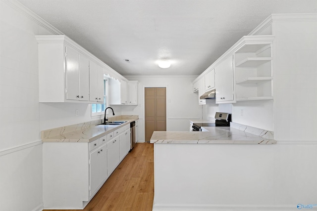 kitchen featuring white cabinets, sink, kitchen peninsula, light hardwood / wood-style flooring, and appliances with stainless steel finishes