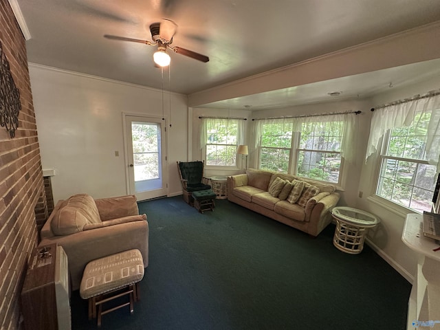 2008 Oakleaf Ln, Arab, AL 35016 - living room with a ceiling fan, baseboards, dark carpet, and brick wall