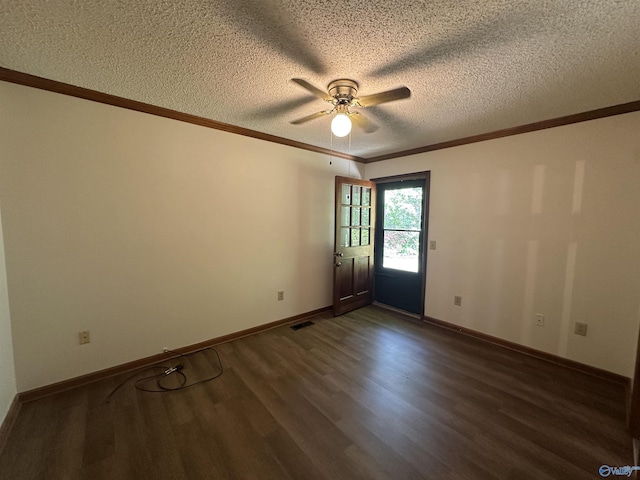 2008 Oakleaf Ln, Arab, AL 35016 - empty room with a ceiling fan, a textured ceiling, crown molding, baseboards, and dark wood-style floors