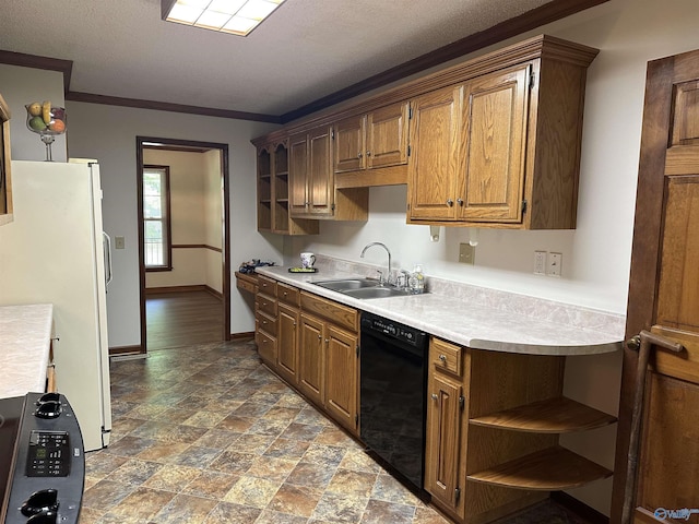 2008 Oakleaf Ln, Arab, AL 35016 - kitchen with open shelves, a sink, dishwasher, light countertops, and freestanding refrigerator