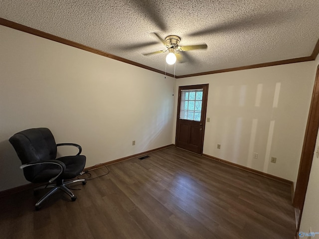 2008 Oakleaf Ln, Arab, AL 35016 - interior space with a textured ceiling, dark wood finished floors, a ceiling fan, baseboards, and ornamental molding