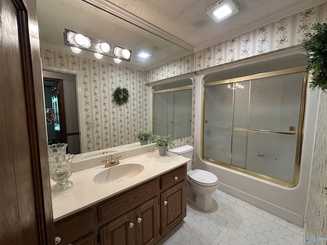 2008 Oakleaf Ln, Arab, AL 35016 - full bathroom with tile patterned flooring, vanity, toilet, wallpapered walls, and a textured ceiling