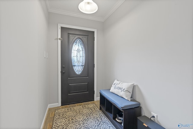 foyer entrance featuring ornamental molding and light wood-type flooring