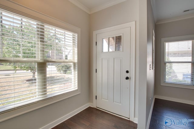 entrance foyer featuring baseboards, dark wood-type flooring, ornamental molding, and a healthy amount of sunlight