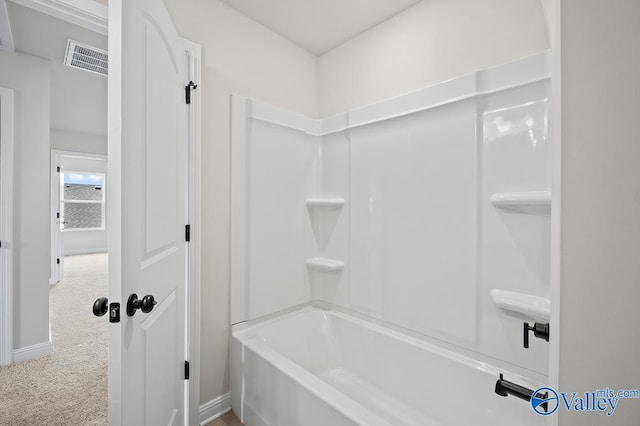 full bathroom featuring bathtub / shower combination, visible vents, and baseboards