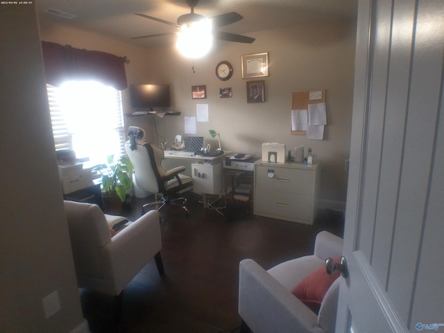 office featuring ceiling fan and dark hardwood / wood-style flooring