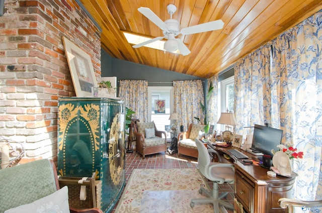 office featuring brick floor, vaulted ceiling, ceiling fan, and wood ceiling