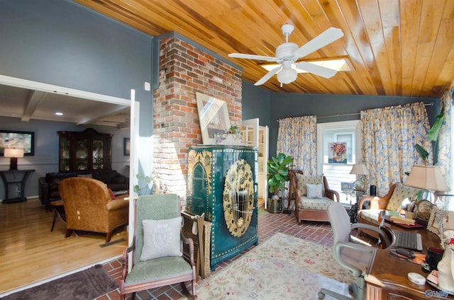 living room featuring wooden ceiling, brick floor, lofted ceiling, and ceiling fan
