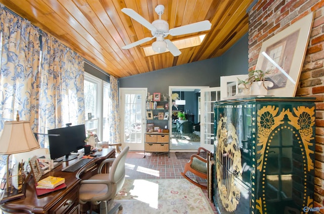office with brick floor, a ceiling fan, vaulted ceiling, and wood ceiling