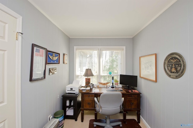 home office with crown molding