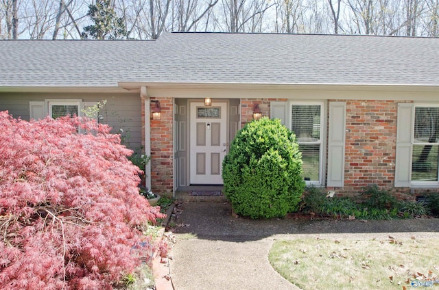 view of exterior entry with stone siding, a shingled roof, and brick siding