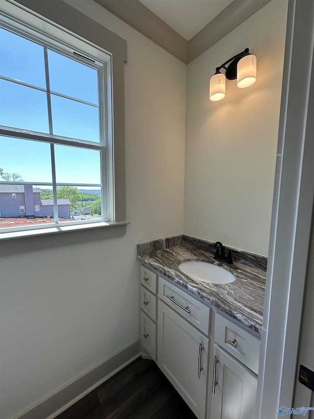 bathroom with ornamental molding, baseboards, vanity, and wood finished floors