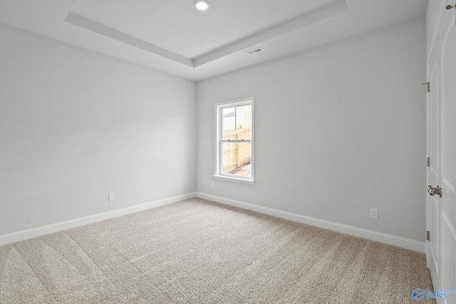 carpeted empty room with a raised ceiling