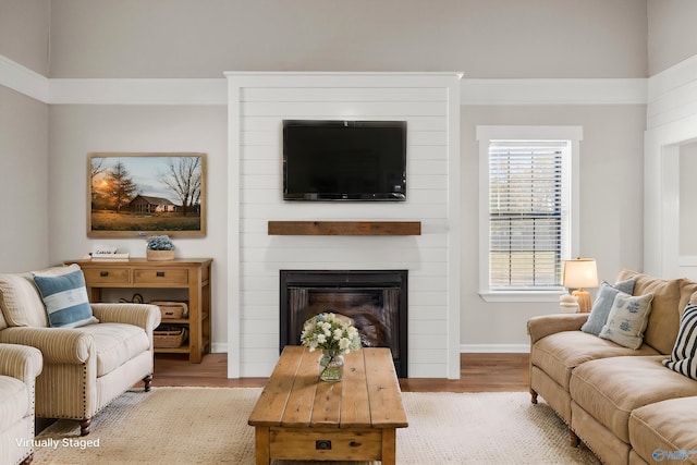 living room with a fireplace and light wood-type flooring