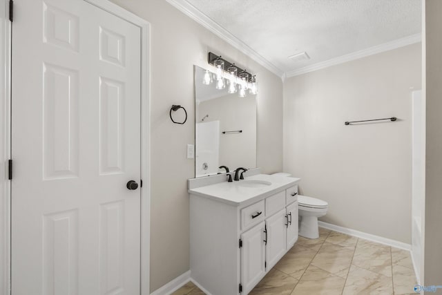 bathroom featuring a textured ceiling, vanity, and crown molding