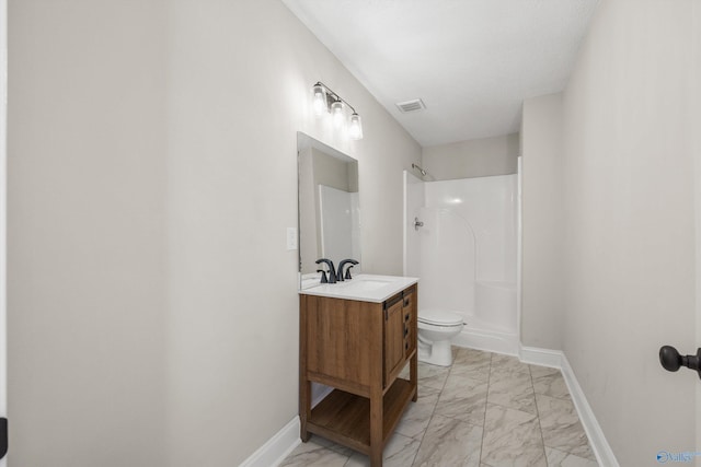 bathroom with toilet, a shower, and vanity