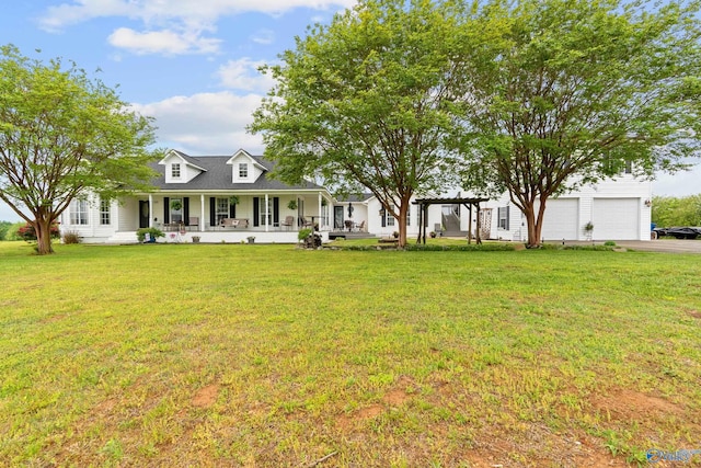 view of front of house with a garage, a front lawn, aphalt driveway, a pergola, and covered porch