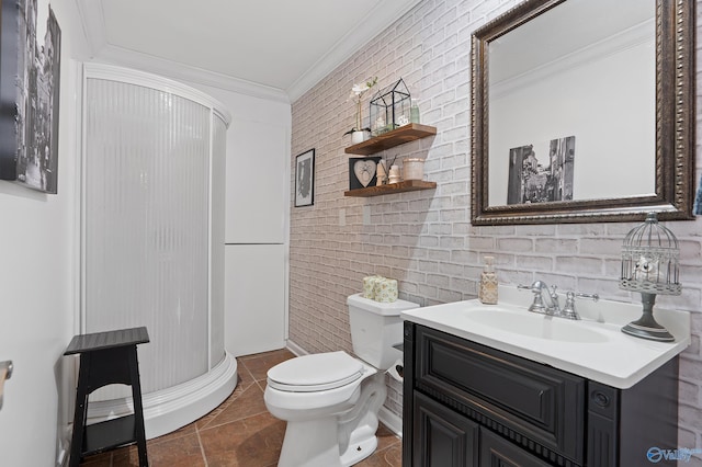 bathroom featuring crown molding, vanity, a stall shower, and toilet