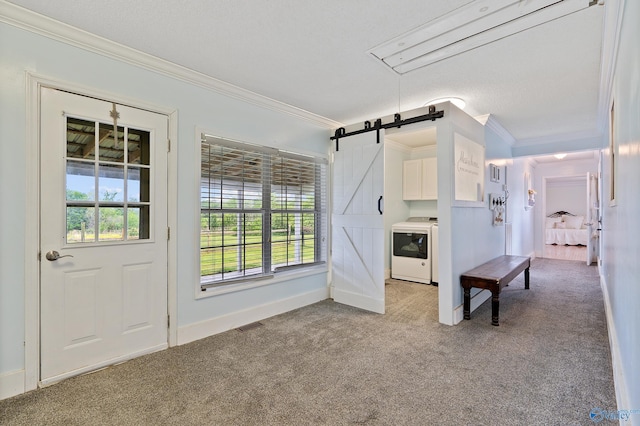interior space with crown molding, carpet, a barn door, and a healthy amount of sunlight
