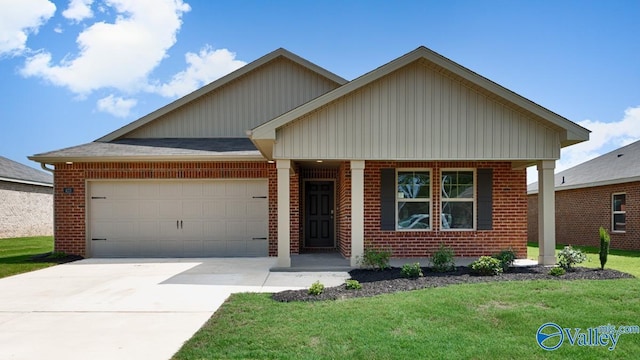 single story home with a front lawn, concrete driveway, brick siding, and an attached garage