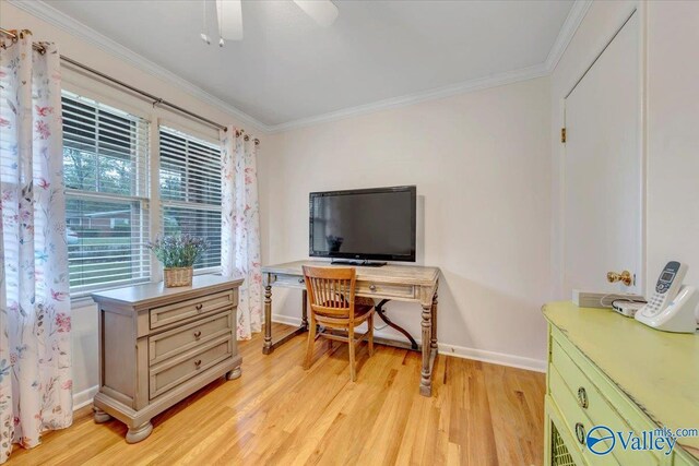 office space featuring ceiling fan, baseboards, ornamental molding, and light wood finished floors