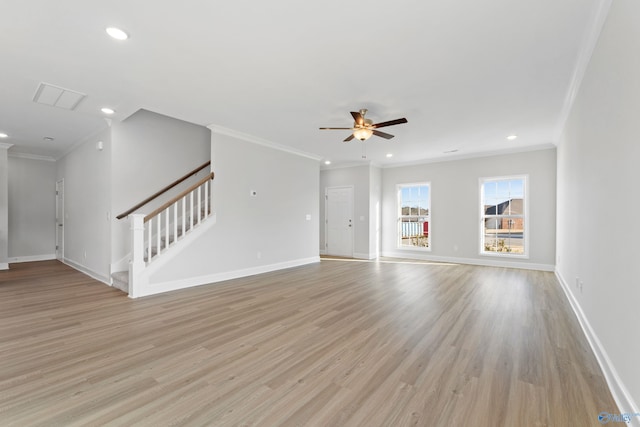 2159 Dawson Ln NE, Cullman, AL 35058 - unfurnished living room with crown molding, ceiling fan, light wood-style floors, and recessed lighting