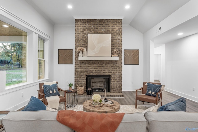 living room featuring ornamental molding, vaulted ceiling, a fireplace, and wood-type flooring