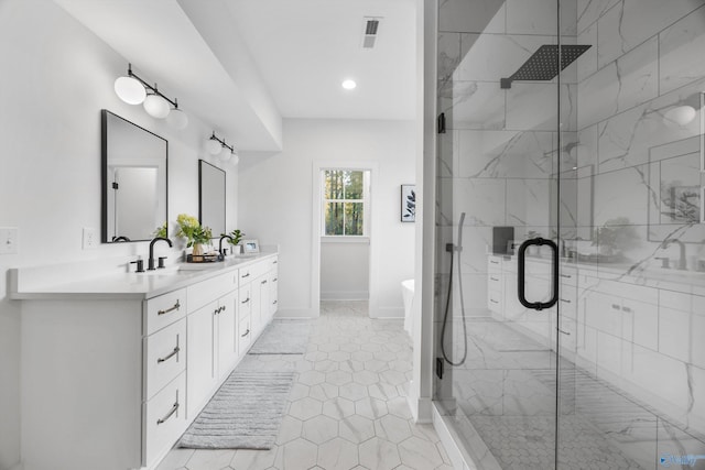 bathroom featuring double vanity, a sink, a marble finish shower, and a soaking tub