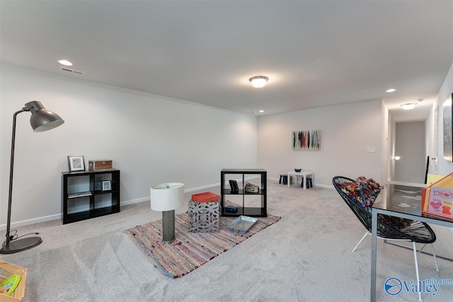 playroom with recessed lighting, light carpet, and baseboards