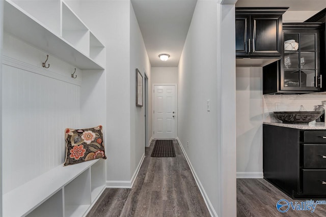 mudroom with baseboards and dark wood-style flooring