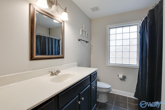 bathroom featuring vanity, tile patterned floors, and toilet