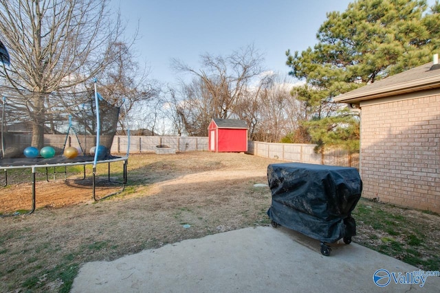 view of yard with a patio, a trampoline, and a shed