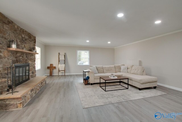 living room featuring a fireplace, crown molding, and light hardwood / wood-style floors