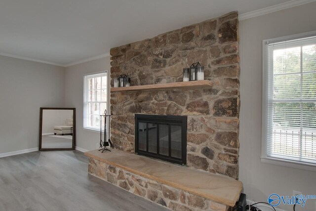 details with hardwood / wood-style floors, a fireplace, and crown molding