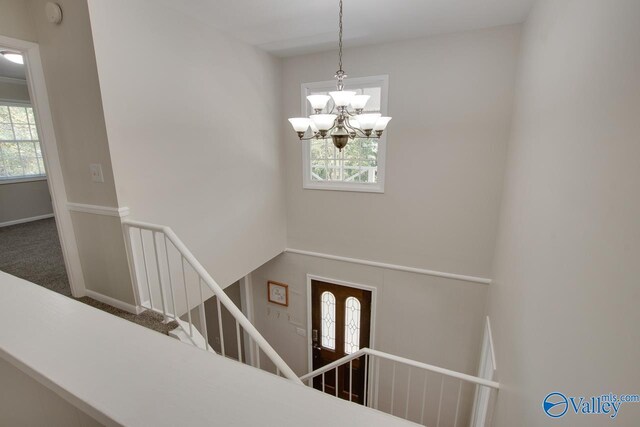 stairs with a wealth of natural light, an inviting chandelier, and carpet floors