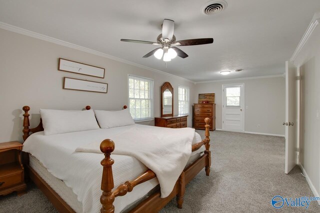 bedroom with crown molding, ceiling fan, and carpet