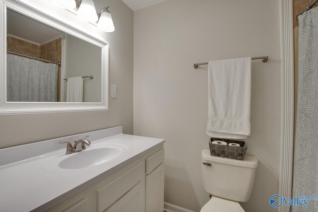 bathroom with vanity, toilet, and a shower with curtain