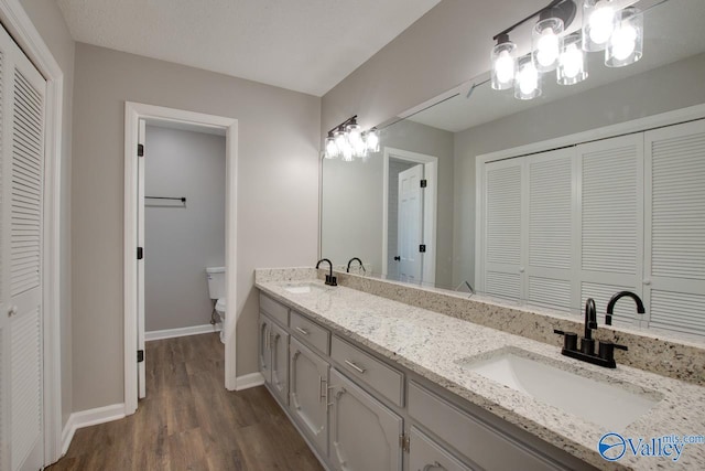 bathroom featuring vanity, hardwood / wood-style floors, and toilet