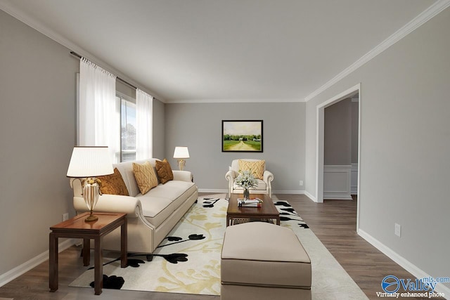 living room featuring crown molding and dark hardwood / wood-style flooring