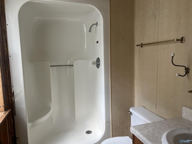 full bathroom featuring toilet, walk in shower, and vanity
