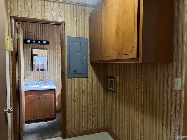 utility room with electric panel and a sink