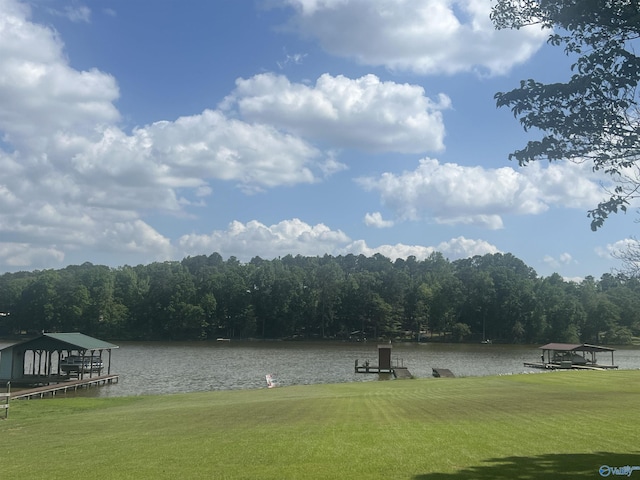 view of property's community featuring a wooded view, a water view, and a lawn