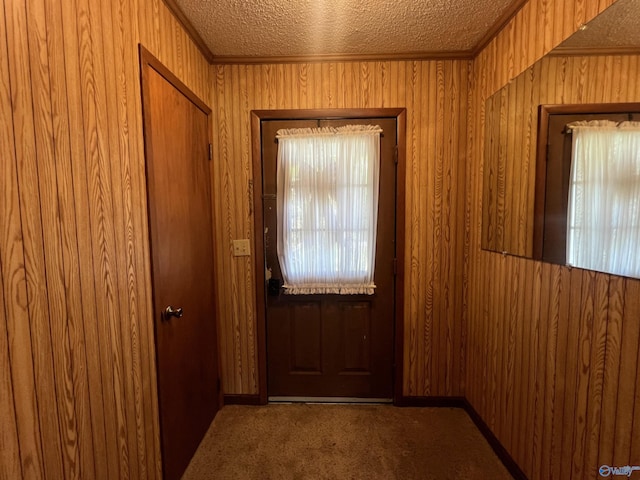 doorway to outside featuring carpet, a textured ceiling, wood walls, and ornamental molding