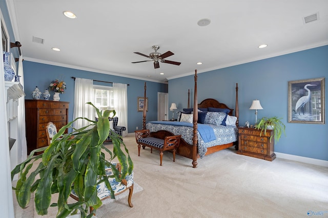 bedroom with ceiling fan, crown molding, and light colored carpet