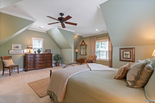 carpeted bedroom with ceiling fan and lofted ceiling