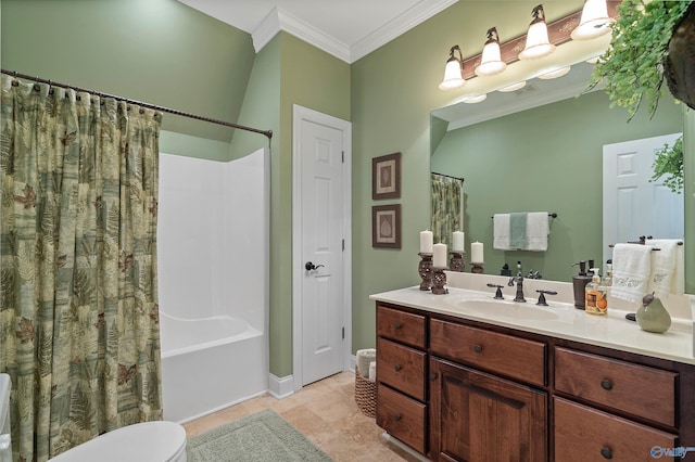 full bathroom with toilet, tile patterned flooring, vanity, ornamental molding, and shower / bathtub combination with curtain