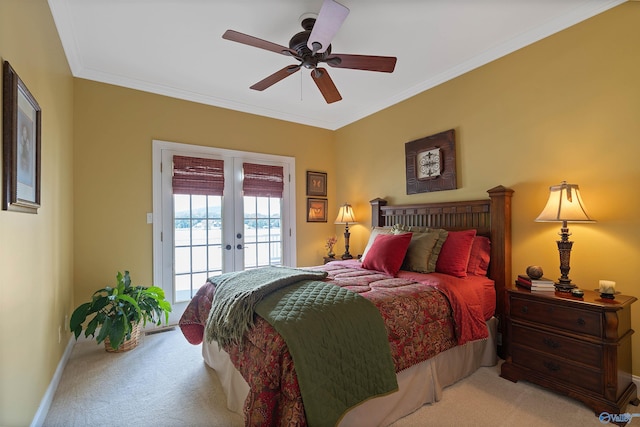 bedroom with access to exterior, ornamental molding, french doors, carpet flooring, and ceiling fan